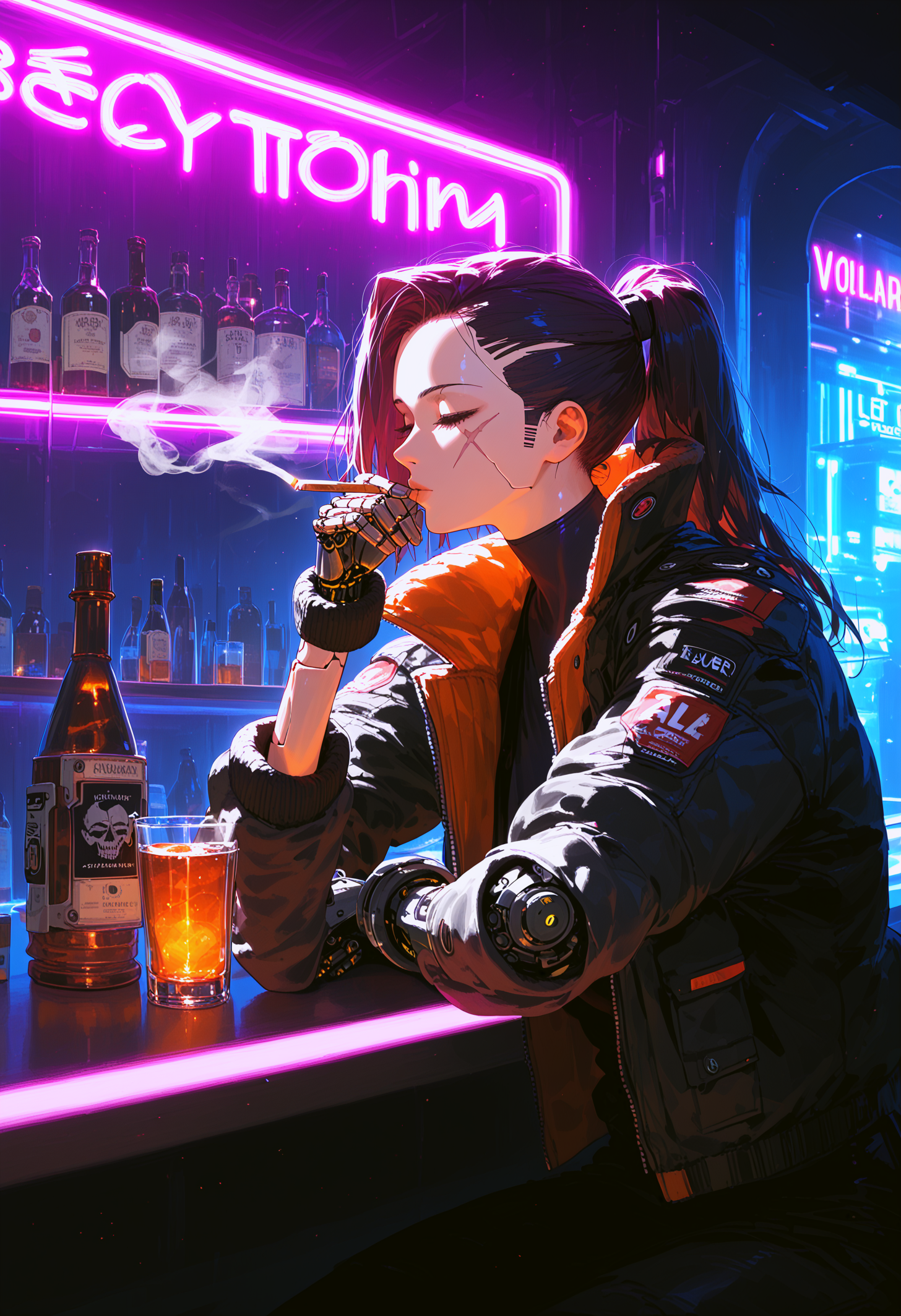 20240723202714 cyberpunk bounty hunter relaxing at a bar ponytail 1186760802 .png